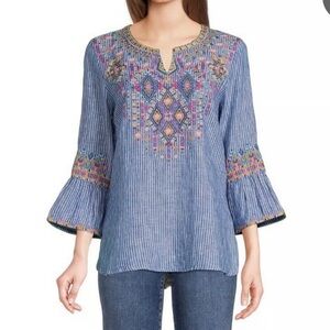 John Mark Blue and Pink Embroidered Pull Over Tunic Top Beautiful